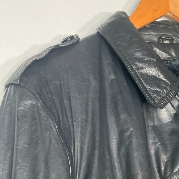 Vintage 90s Saxony Black Leather Oversized Belted Mid Trench Coat Jacket Women - Picture 4 of 16